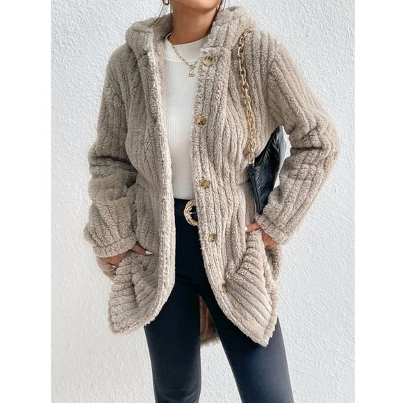 Khaki Button Front Hooded Teddy Coat - Picture 2 of 7